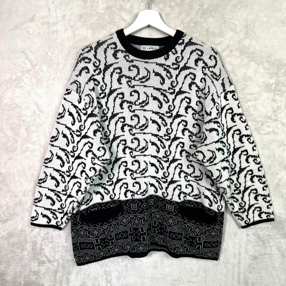 Vintage Ted Lapidus Paris Sweater‎ Black White Abstract Knit 80s 90s Oversized M